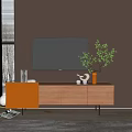 Dark Wood TV Stand With Wall Mounted TV Green Plant And Decorative Items
