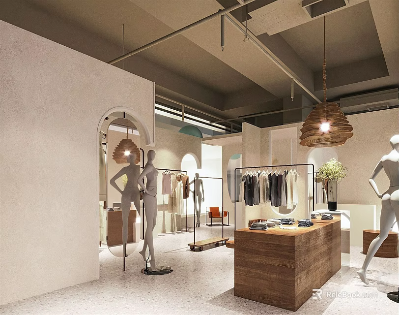Stylish Modern Clothing Store Interior With Mannequins Clothing Racks Hanging Lights And Wooden Display Counter 3d model 