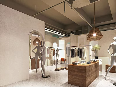Stylish Modern Clothing Store Interior With Mannequins Clothing Racks Hanging Lights And Wooden Display Counter 3d model