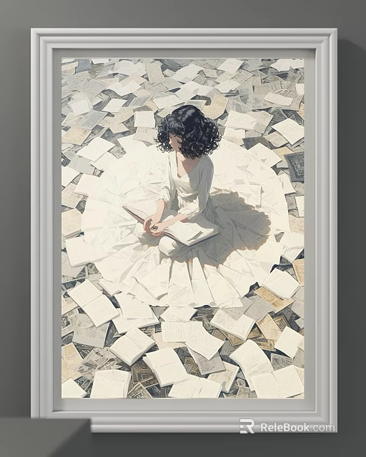 Whimsical Surreal Abstract Painting Featuring Woman In White Dress Seated Among Scattered Pages 3d model 