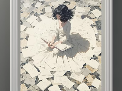 Whimsical Surreal Abstract Painting Featuring Woman In White Dress Seated Among Scattered Pages 3d model