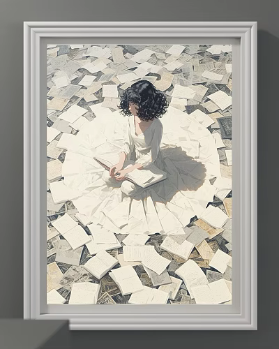 Whimsical Surreal Abstract Painting Featuring Woman In White Dress Seated Among Scattered Pages 3d model