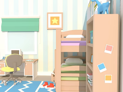 Cartoon Kids Room With Bunk Bed Desk Green Curtain Star Picture Frame And 3d model