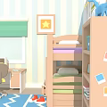Cartoon Kids Room With Bunk Bed Desk Green Curtain Star Picture Frame And