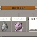 Amusement Equipment Display At Coffee Shop Featuring Animation Shop Signs And Anime Toys