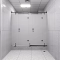 Public Restroom Interior With Gender Signs Vanity Counters Mirrors Trash Bins And Water Dispenser