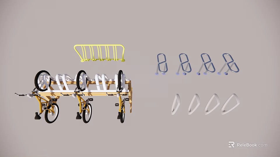 Bicycle Storage System With Yellow Rack Blue Brackets And White Hooks 3d model