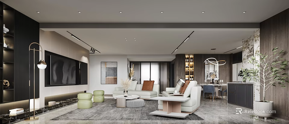 Modern Living Dining Room Interior Design With White Sofa Green Stools Rug And TV Wall 3d model 