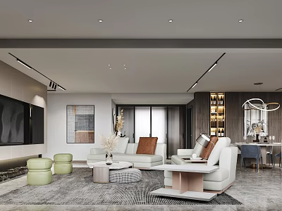 Modern Living Dining Room Interior Design With White Sofa Green Stools Rug And TV Wall 3d model
