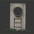 Rustic Landscape with Concrete Structure Circular Hole Rusty Ladder and Green Plants