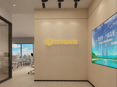 Modern Office Reception Desk With Wooden Wall Company Logo And Digital Landscape Screen 3d model