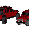 Red Off Road SUV and Pickup Truck with Modified Roof Lights and Large Tires