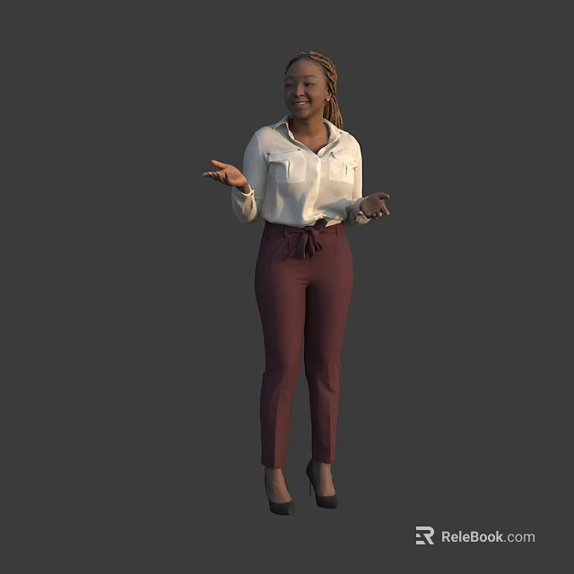 Woman in white shirt and maroon pants with open hands presenting against gray background 3d model 