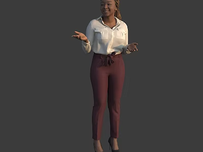 Woman in white shirt and maroon pants with open hands presenting against gray background 3d model