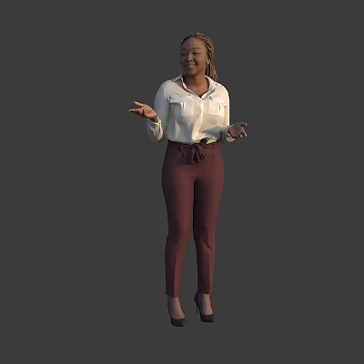 Woman in white shirt and maroon pants with open hands presenting against gray background 3d model