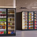 Commercial Glass Door Refrigerators Filled With Assorted Beverages And Food Items Illuminated For Retail