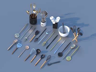 Essential Kitchen Utensil Set With Metal And Wooden Spoons Forks Knives Spatulas And Storage Bowls 3d model
