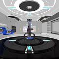 Future Themed Science Center Interior With Circular Platform And Tech Exhibits Blue Accents