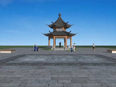 Traditional Chinese Pavilion With People Gathering On Stone Pavement Under Blue Sky 3d model