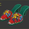 Vibrant Red Embroidered Mules Featuring Green Heels Soles And Colorful Bird Designs