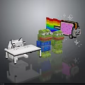 Pixel Art Characters and Creatures with White Cat Green Creatures Table Rainbow and Stars