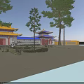 Ancient Chinese Architecture Featuring Curved Eaves Golden Roofs Wooden Structures And Trees