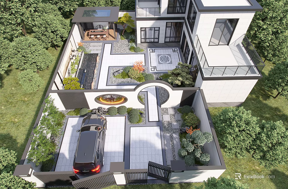 Modern Courtyard Scenic Wall Design With Green Plants Stone Path And Circular Water Feature 3d model 