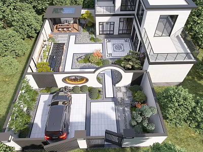 Modern Courtyard Scenic Wall Design With Green Plants Stone Path And Circular Water Feature 3d model