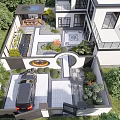 Modern Courtyard Scenic Wall Design With Green Plants Stone Path And Circular Water Feature