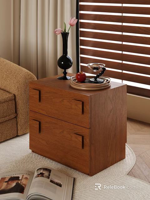 Oak Wood Side Table With Drawers And Decorative Tray In Living Room Next To Sofa 3d model 