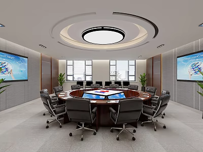Modern Spacious Conference Room With Round Wooden Table Ergonomic Office Chairs And Dual Large Screens 3d model