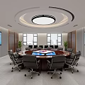 Modern Spacious Conference Room With Round Wooden Table Ergonomic Office Chairs And Dual Large Screens