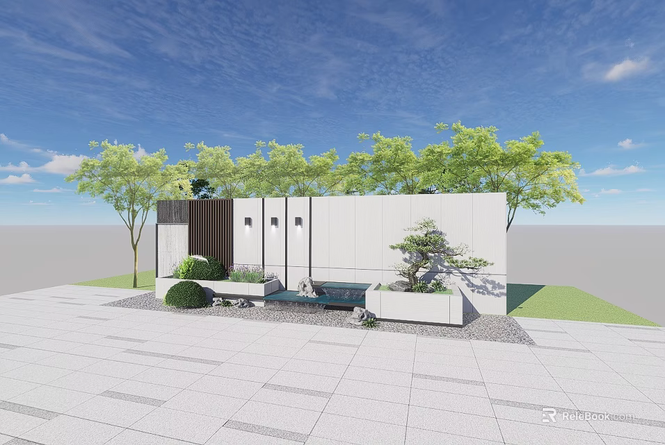 Indoor Courtyard Landscape Design With White Walls Wooden Grille Green Trees Gray Tiles And Bonsai 3d model 