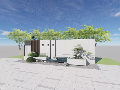 Indoor Courtyard Landscape Design With White Walls Wooden Grille Green Trees Gray Tiles And Bonsai 3d model