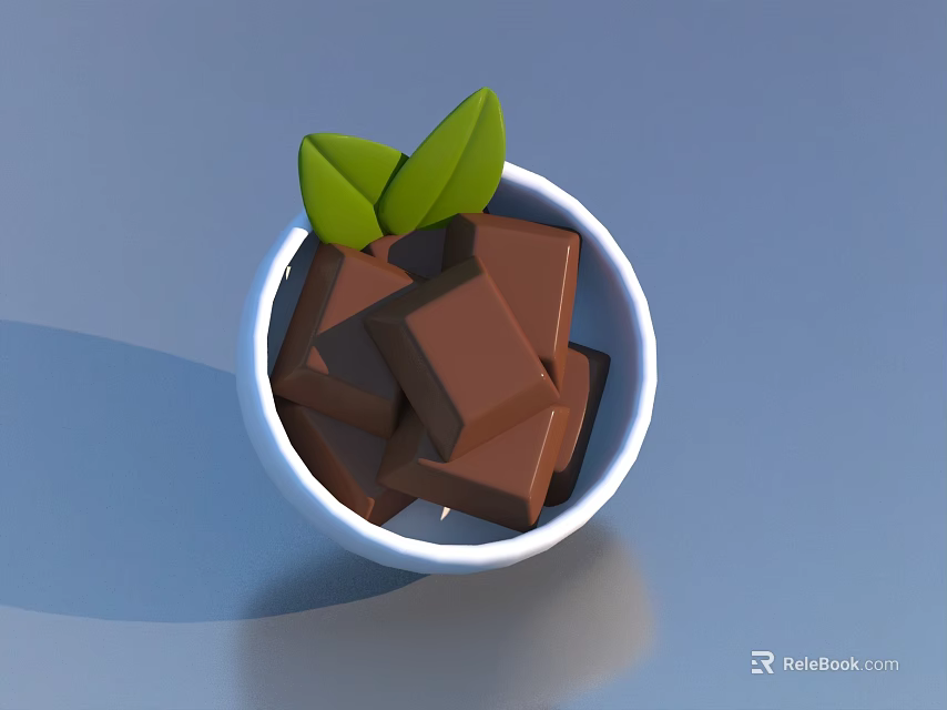 Fresh Chocolate Pieces in White Bowl Topped with Green Leaves 3d model 