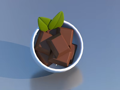 Fresh Chocolate Pieces in White Bowl Topped with Green Leaves 3d model