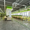 Modern Restaurant Interior With Green Accents Wooden Tables And Hanging Lights