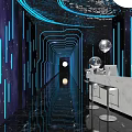 Stylish Bar Interior with Blue Neon Lights Corridor Counter Stools Space Decor and Reflective Floor
