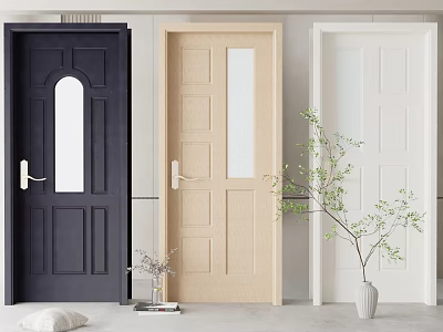 Modern Hinged Doors In Black Beige White With Arched Rectangular Glass And Paneled Design 3d model