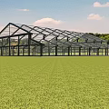 Spacious Glass Tent Structure With Lush Green Grass And Blue Sky Background 3d model