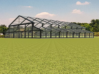Spacious Glass Tent Structure With Lush Green Grass And Blue Sky Background 3d model
