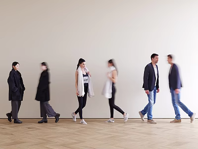 Group of people walking indoors on wooden floor with light colored wall background 3d model