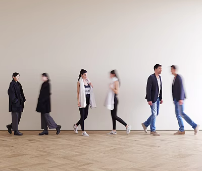 Group of people walking indoors on wooden floor with light colored wall background 3d model