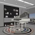 Modern Entertainment Room Interior Design With White Piano Bookshelves Circular Rug And City View