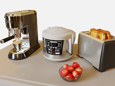 Essential Kitchen Appliances Including Coffee Machine Rice Cooker Toaster And Fresh Cherries 3d model