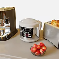 Essential Kitchen Appliances Including Coffee Machine Rice Cooker Toaster And Fresh Cherries