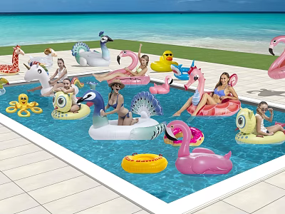 People Enjoying Time In Swimming Pool With Colorful Inflatable Floats And Beach Background 3d model