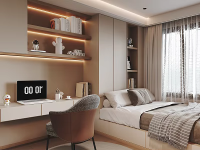 Modern Tatami Bedroom Interior Design With Built in Shelves Desk Chair And Curtains 3d model