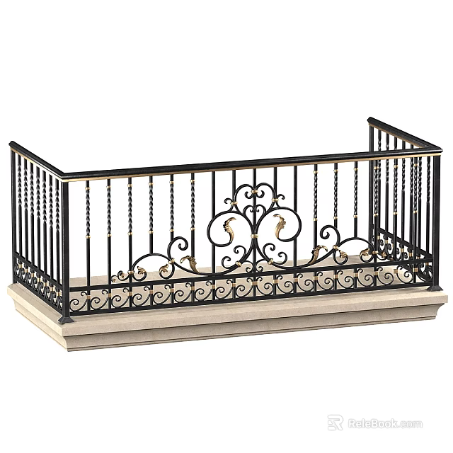 Balcony With Ornate Wrought Iron Railing And Stone Base 3d model