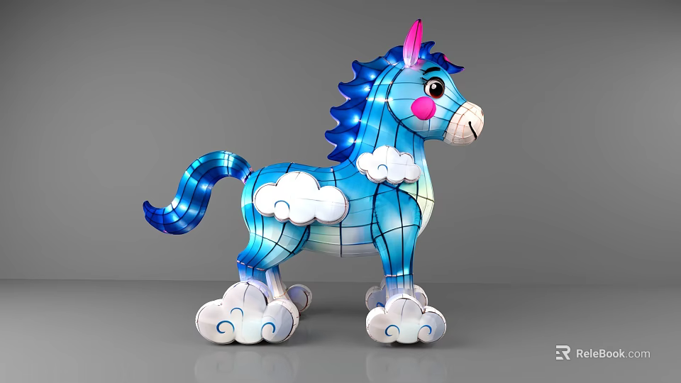 Lighted Blue Unicorn Art Installation with Pink Ears Cloud Decorations and Luminous Design 3d model 